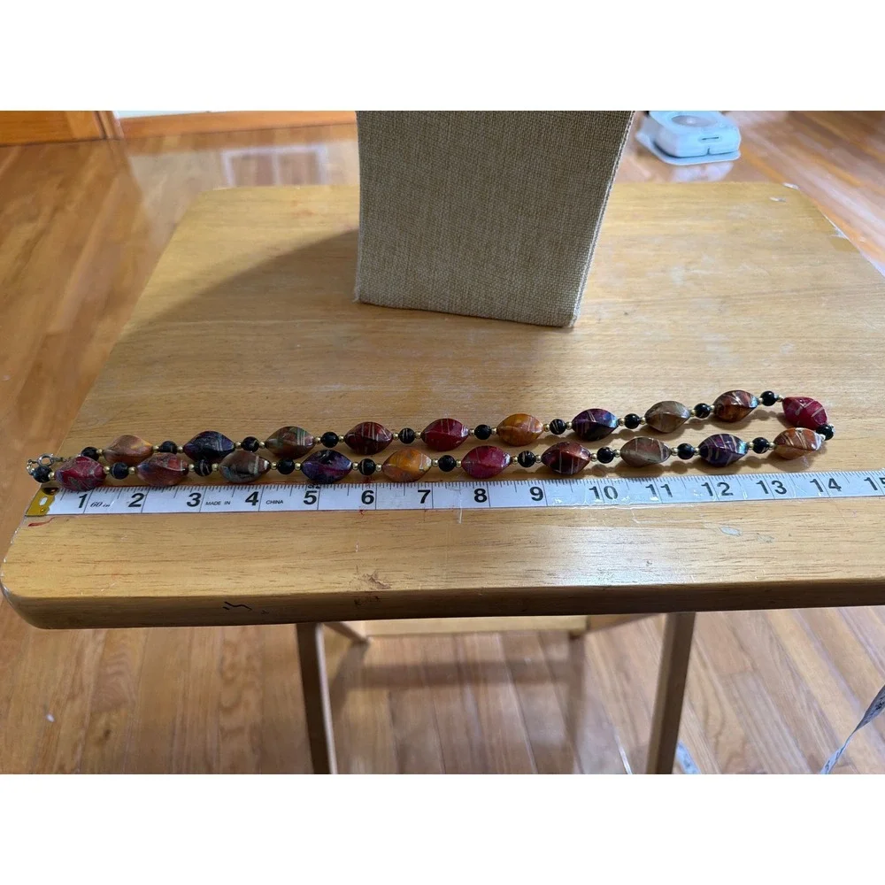 Vintage Style Marbled Resin Beaded Necklace Earth Tones Burgundy Long Layering